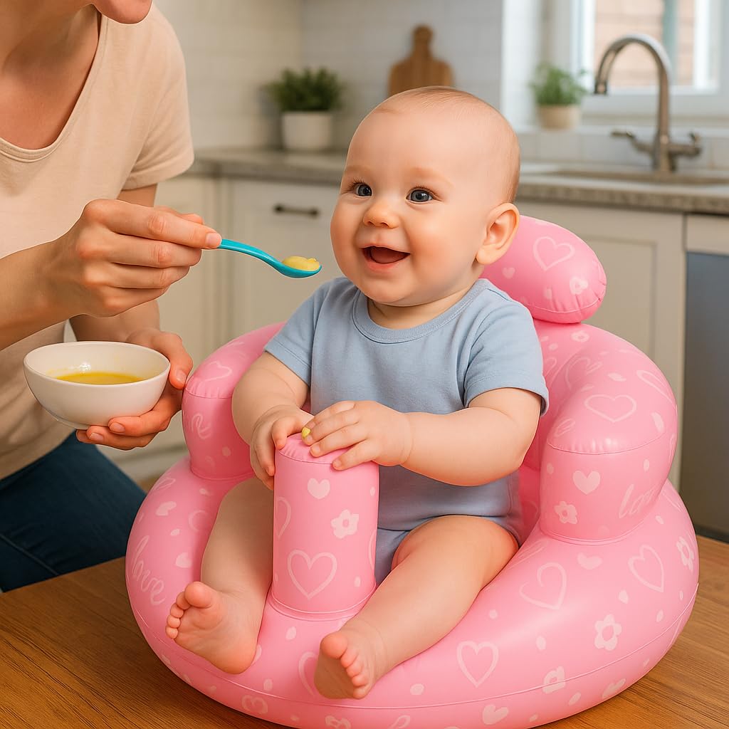 Inflatable Baby Sit-Up Seat – Portable Floor Chair for Sitting Support – Soft Baby Chair for Infants 3–12 Months – Travel-Friendly, Lightweight, Easy to Inflate & Store (Pink)