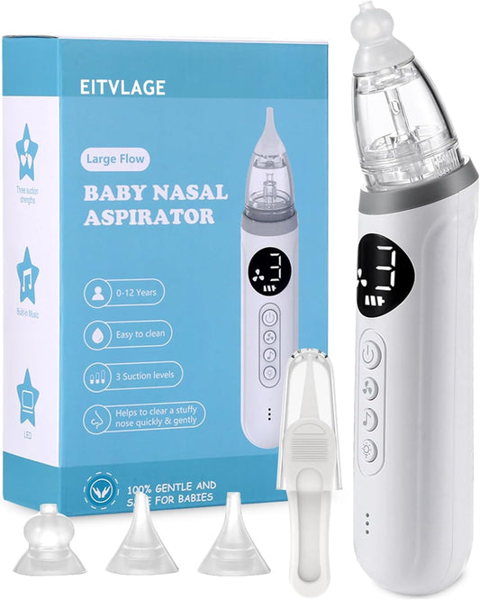 Nasal Aspirator for Baby, Electric Nose Aspirator for Toddler, Baby Nose Sucker, Automatic Nose Cleaner with 3 Silicone Tips, Adjustable Suctions, Music and Light Soothing Function
