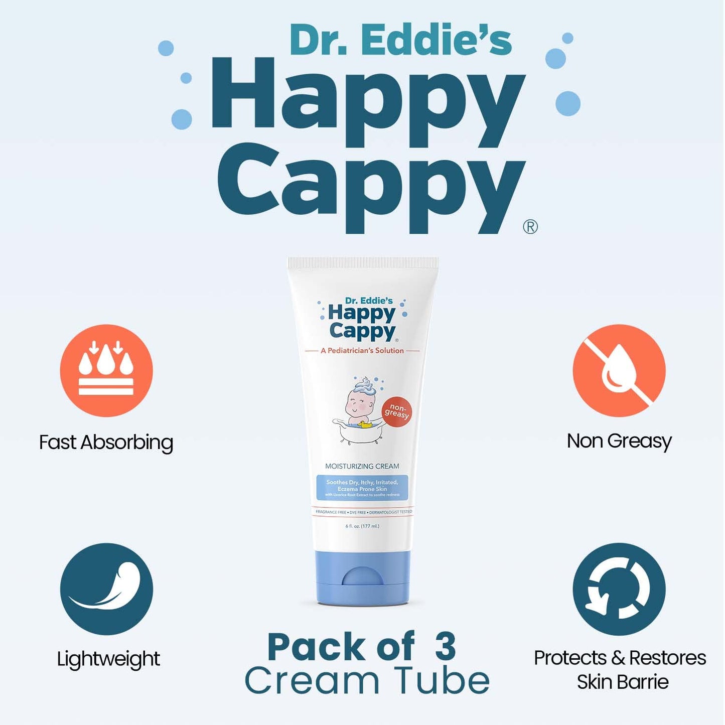 Happy Cappy Moisturizing Cream - Baby Eczema Cream, Eczema Lotion for Kids, Pediatrician-Formulated, Gentle, Paraben Free, Hypoallergenic, Soothes Dry Skin - 6 Fl Oz (Pack of 3)