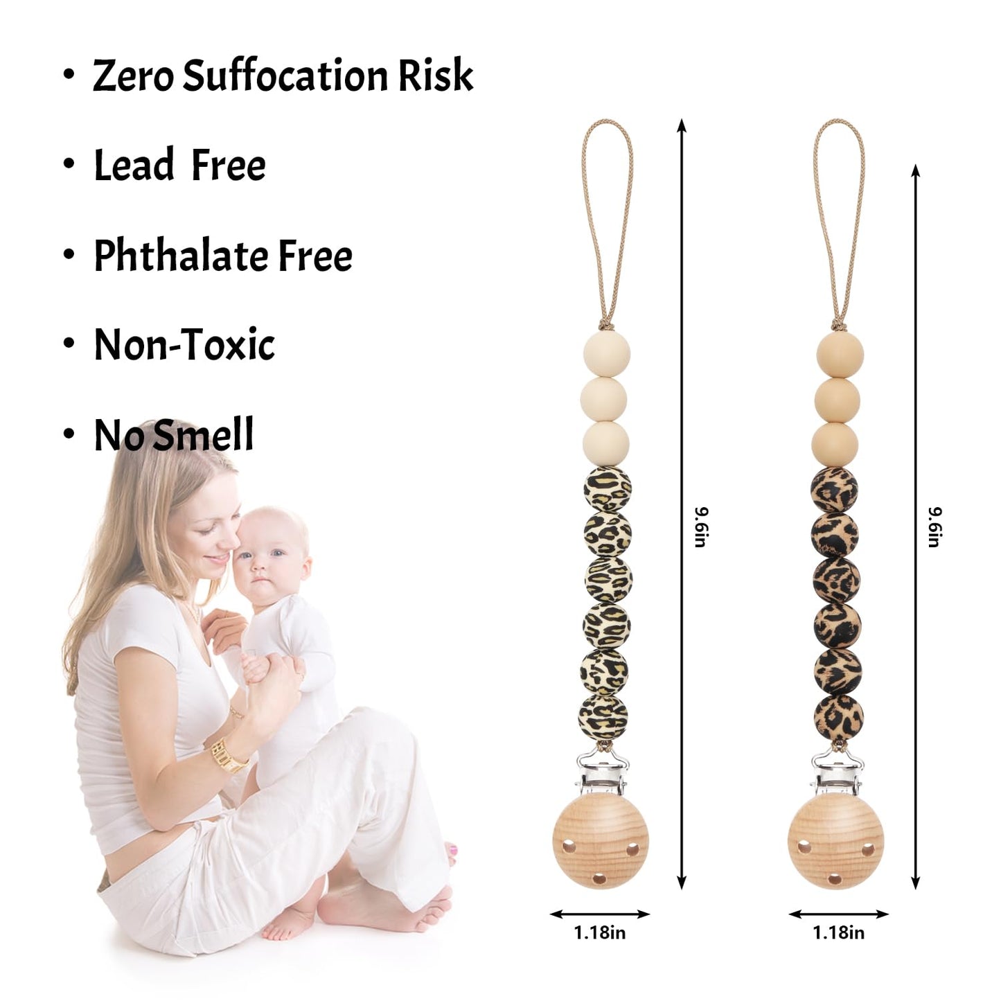 Pacifier Clips, 2PCS Silicone Soother Clips, BPA Free Pacifier Clip Pacifier Holder for Newborn Baby Boy Girl Gifts, Leopard Print