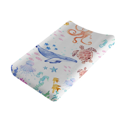 Sea Animals Baby Changing Pad Covers Ocean Animals Corals Sea Weeds Baby Nursery Diaper Changing Pad Sheets for Boys Girls Marine Soft Breathable Stretch Fitted Changing Mat Cover 32''x16''