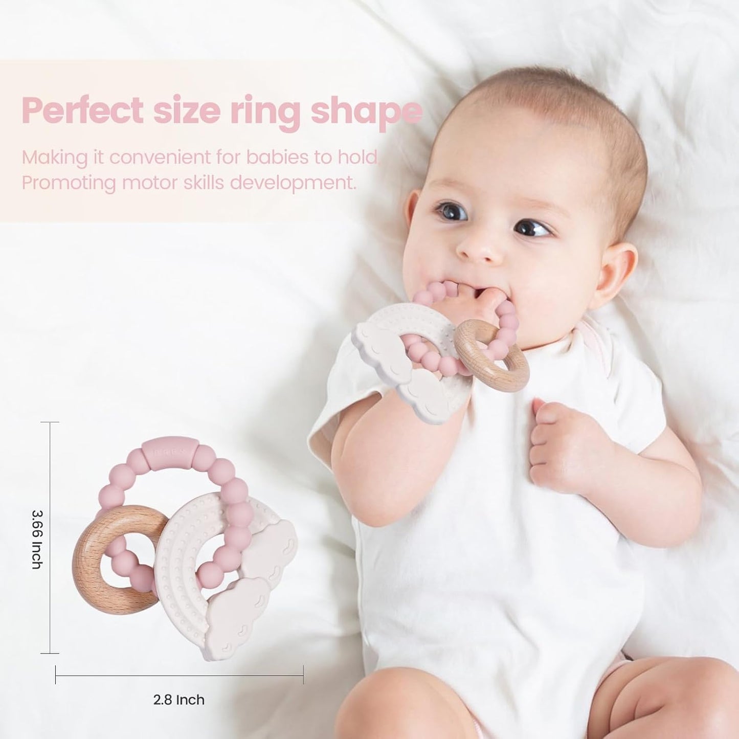 Baby Silicone and Wood Teether Ring Toy,Food Grade Silicone Chew Toys for 3-6,6-12,12-18 Months Newborns,Infants,Toddlers Teething Relief,Safe and Soft,BPA Free,Baby Essentials. (Rainbow)