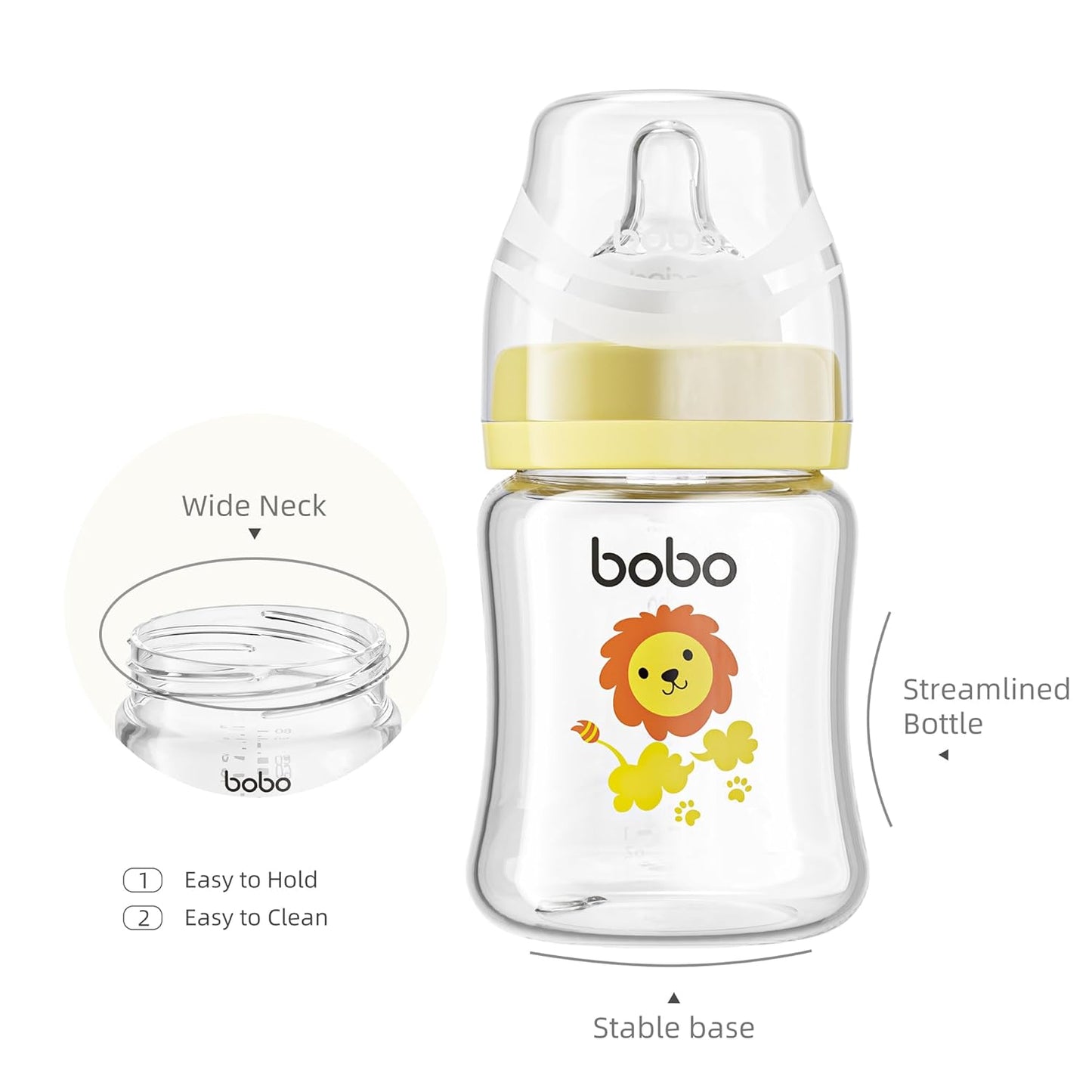 YOHKOH Glass Baby Bottles with Slow Flow Nipple, Newborn Anti-Colic Baby Bottles for 0+ Months, Wide Neck Feeding Bottle, Clear (Yellow, 5oz (Pack of 2))