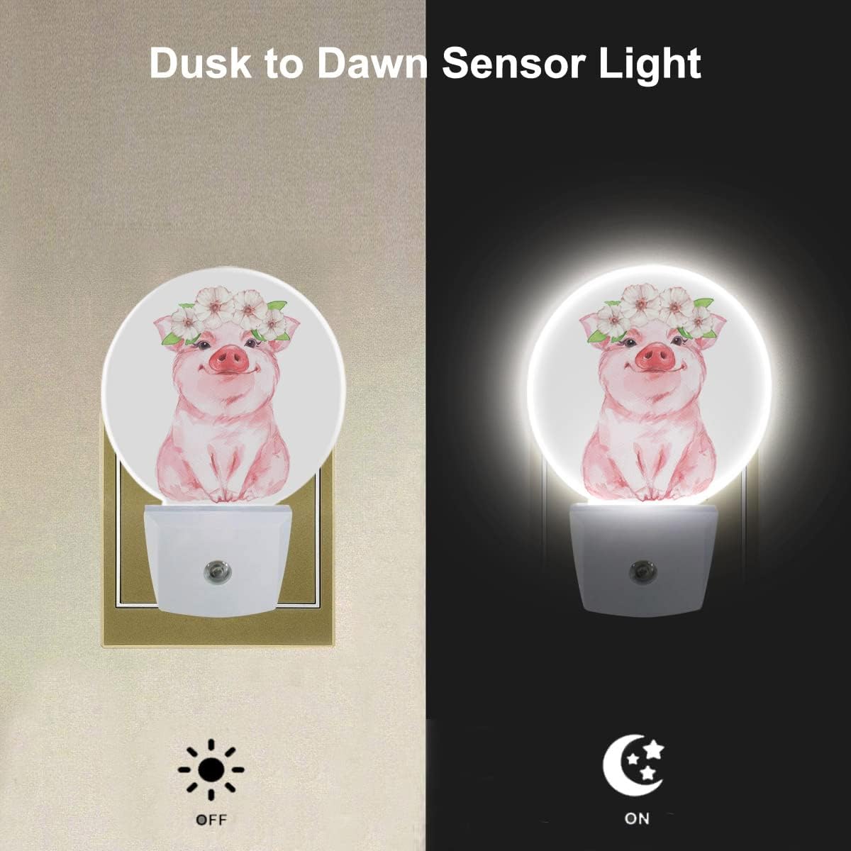 EKOBLA Pig Night Light Floral Wreath Farmhouse Cute Animal Pink Piggy Night Light with Dusk to Dawn Sensor 0.5W LED Lamp Sleep Friendly for Women Girls Birthday Christmas Gift