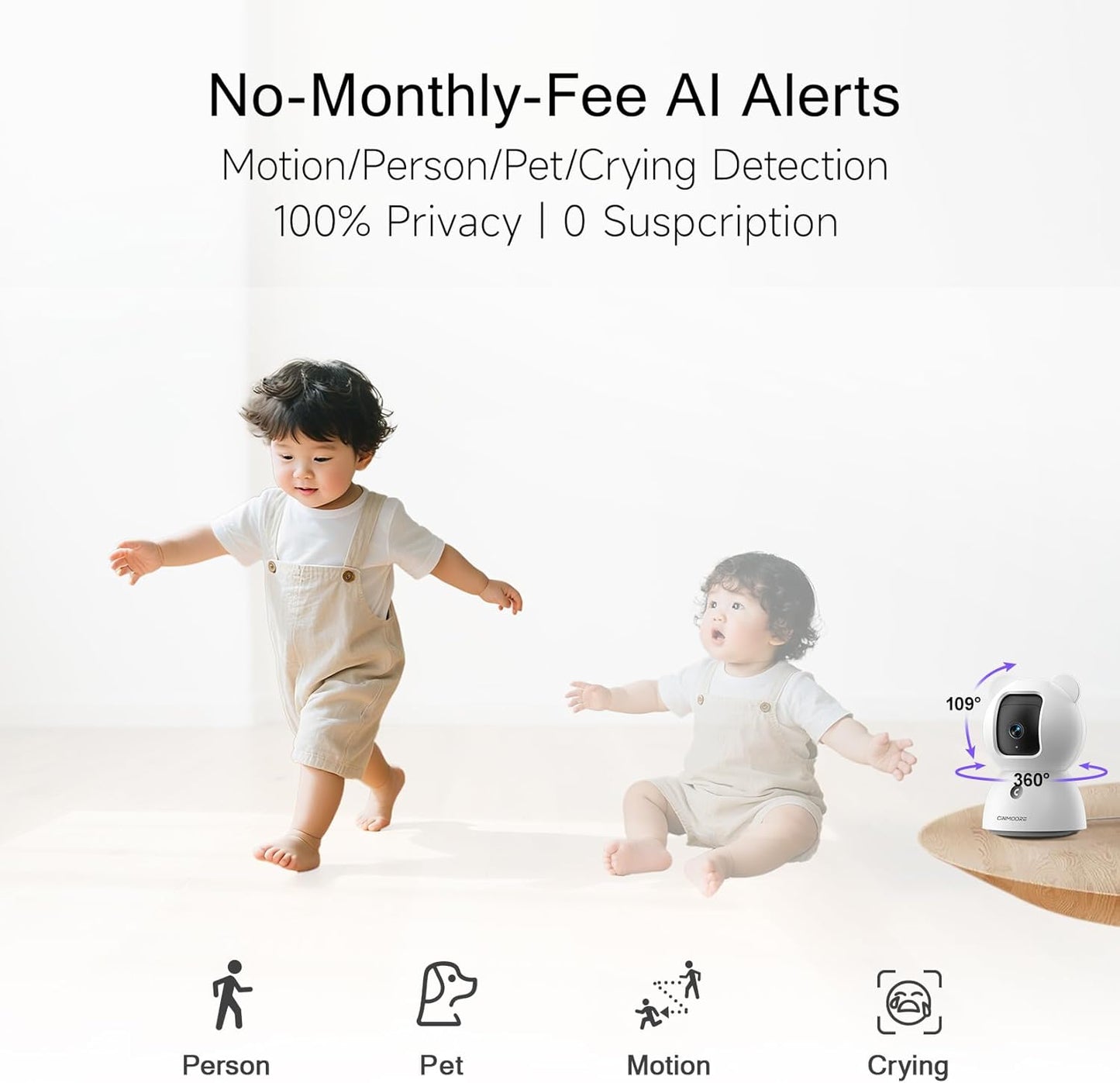 2.5K Pet/Dog Camera with Speaker/Phone App, No-Monthly-Fee AI Person/Pet/Cry Detection Security Camera Indoor, PTZ 2.4GHz WiFi Baby Monitor Cameras for Home Security, Night Vision, 2-Way Talk