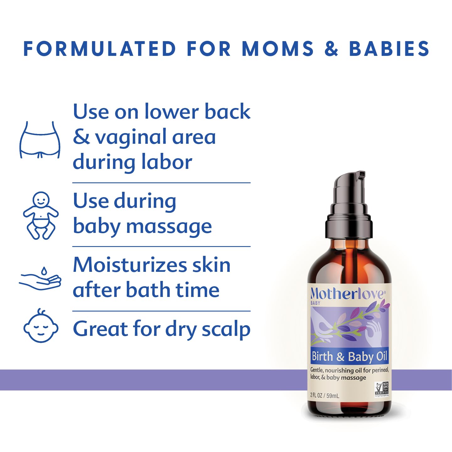 Motherlove Birth & Baby Oil (2 oz) Gentle Lavender-Infused Oil for Perineal, Labor & Baby Massage—Non-GMO, Organic Herbs