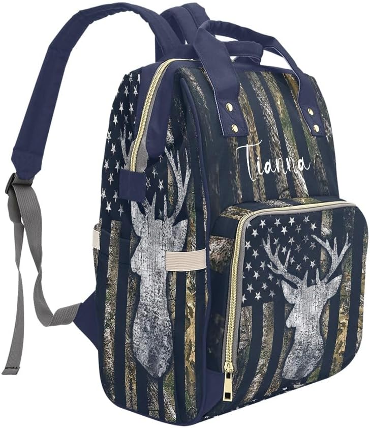 American Flag Camo Deer Blue Diaper Bags with Name Waterproof Mummy Backpack Nappy Nursing Baby Bags Gifts Tote Bag for Women