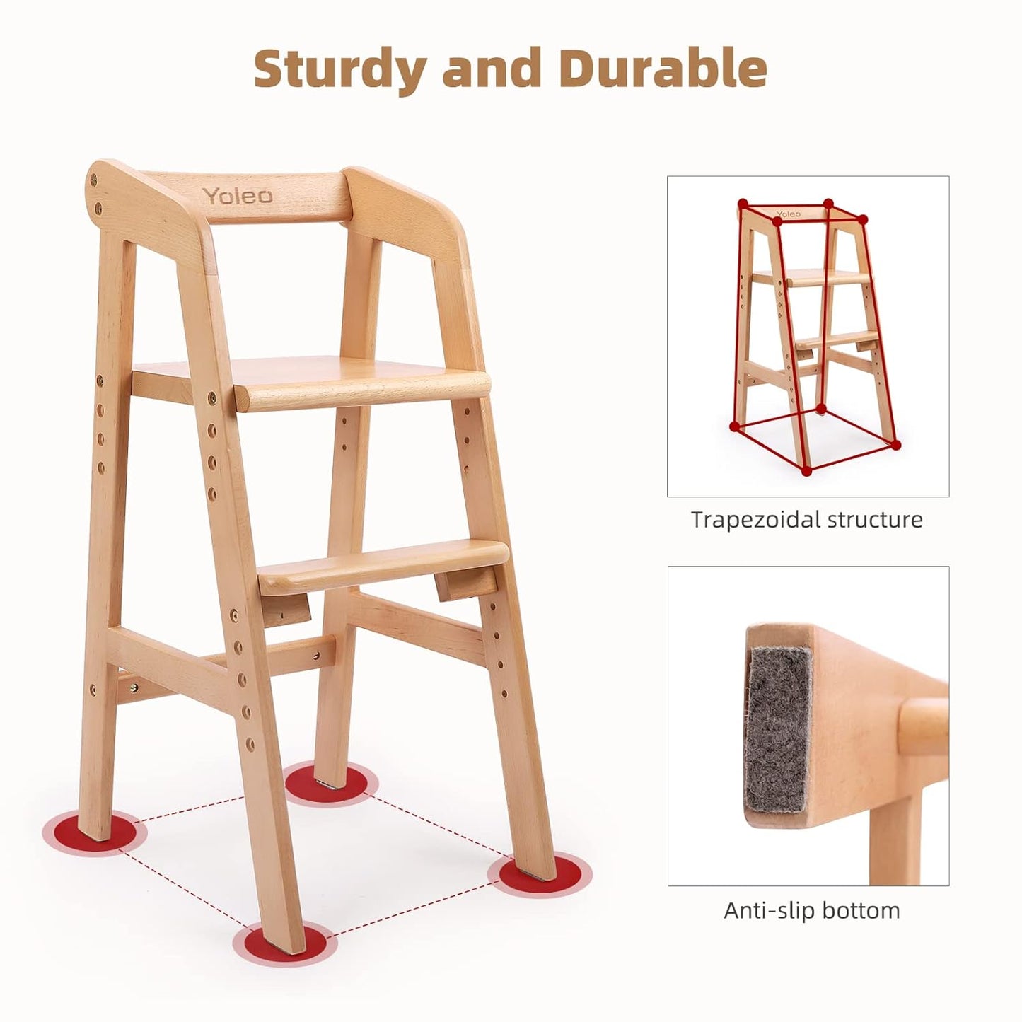 Wooden High Chair for Toddlers, Adjustable Feeding Chair with Removable Cushion for Child, High Chair Grows with Kid for Dining, Studying, Step Tool(Natural Color)