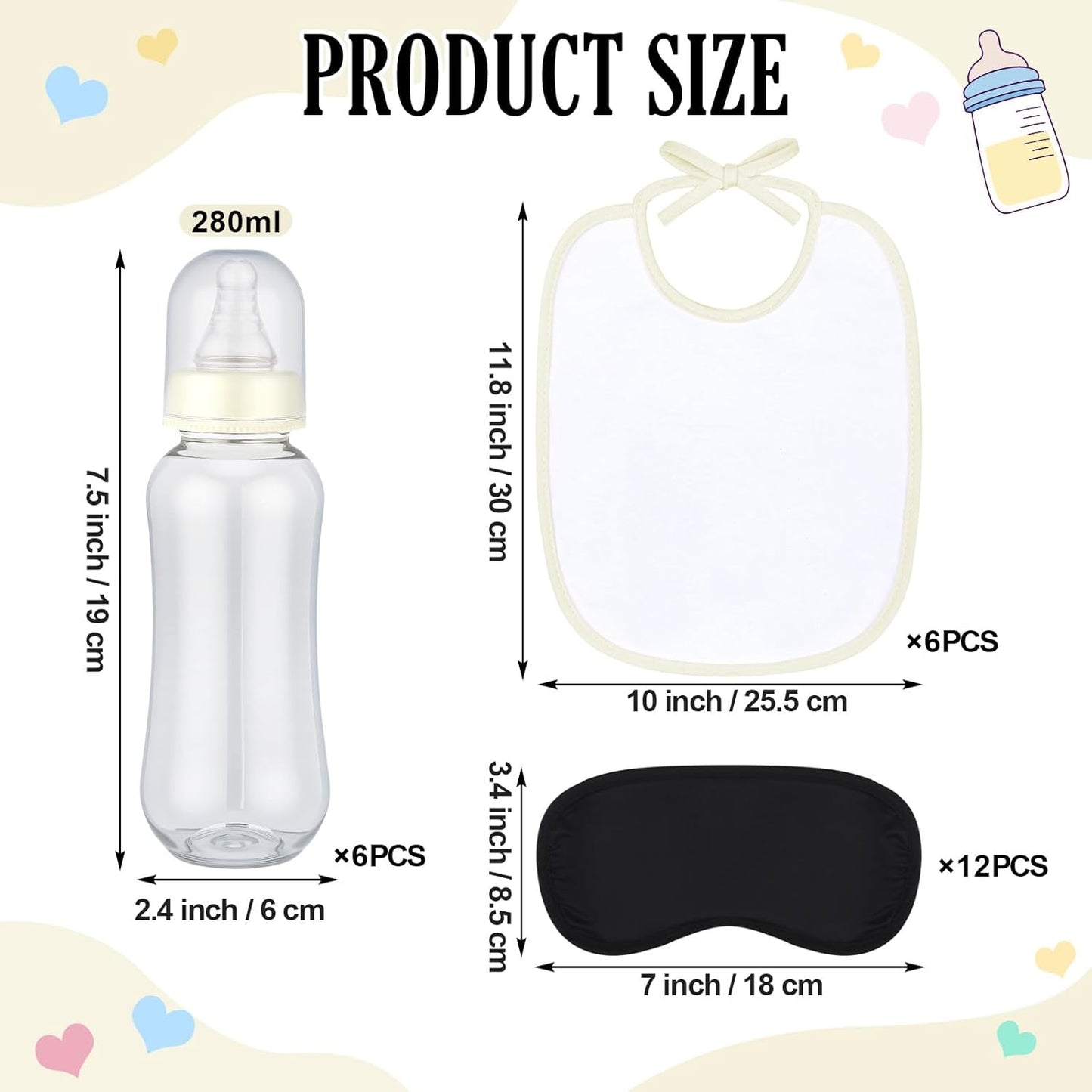 Leinuosen 24 Pcs Baby Shower Blindfold Feeding Game Set Include 6 Plastic Chug Bottles 6 Bib and 12 Eye Mask Blindfold Baby Feeding Bottle Chug Game for Adult Gender Reveal Party Supplies(Milky White)