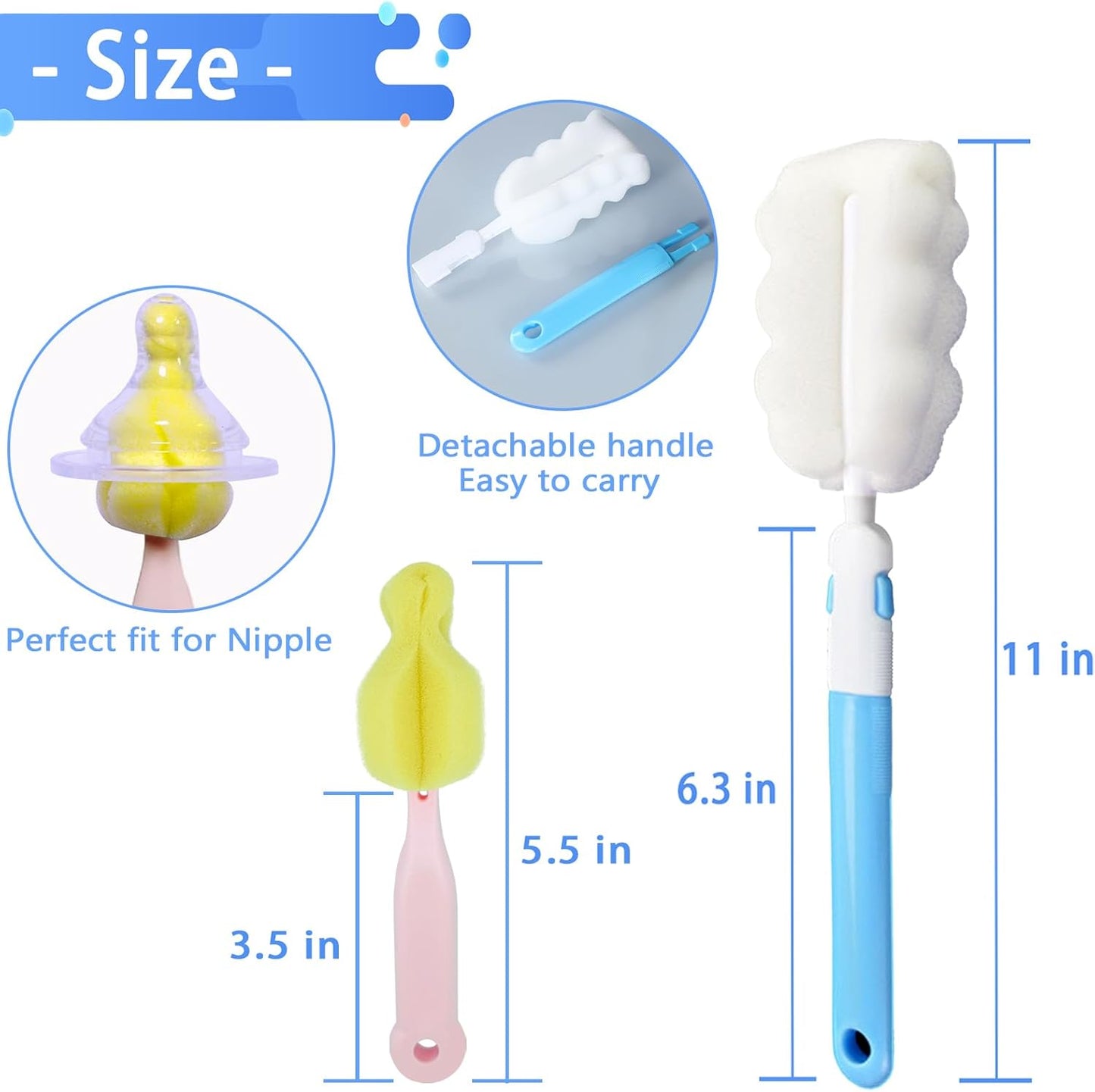 INVODA Cleaning Brush Set, 8PCS Portable Bottle & Nipple Brushes Sponge Material, Soft & Fluffy Texture, Comfortable Grip, Hanging Holes, BPA Free, Ideal for Baby Bottles & Cups