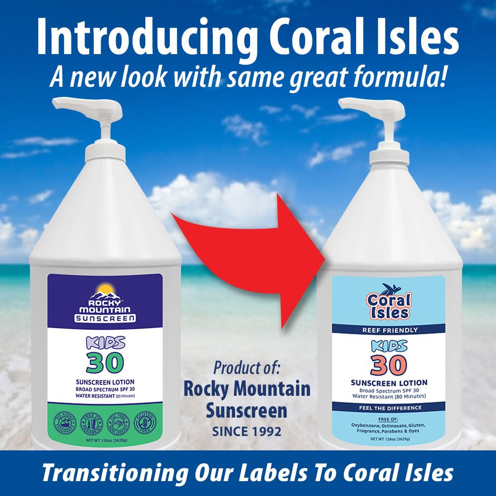 Rocky Mountain Sunscreen | KIDS SPF 30 Lotion -Broad Spectrum UVA/UVB Protection | Hawaii 104 Reef Act Compliant (Oxybenzone & Octinoxate Free) | Water Resistant 80 Min. | Gallon with Pump (128 Fl Oz)