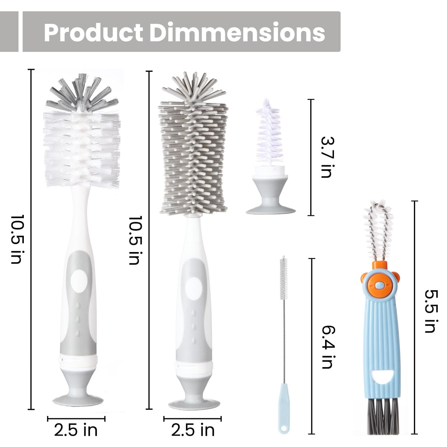 5-in-1 Baby Bottle Cleaner Set, Including Nylon & Silicone Bottle Brush, Cap, Straw & Nipple Brushes, BPA-Free (Grey)