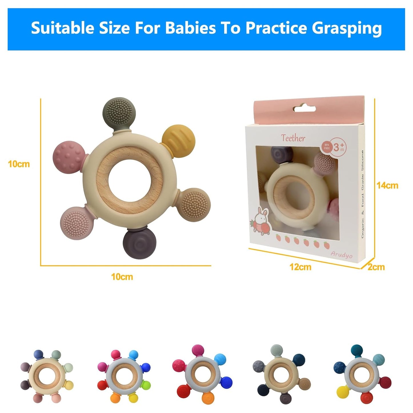 Baby Teething Toys Silicone Teethers BPA Free Silicone Rudder with Wooden Ring Soothe Babies Gums (Khaki)