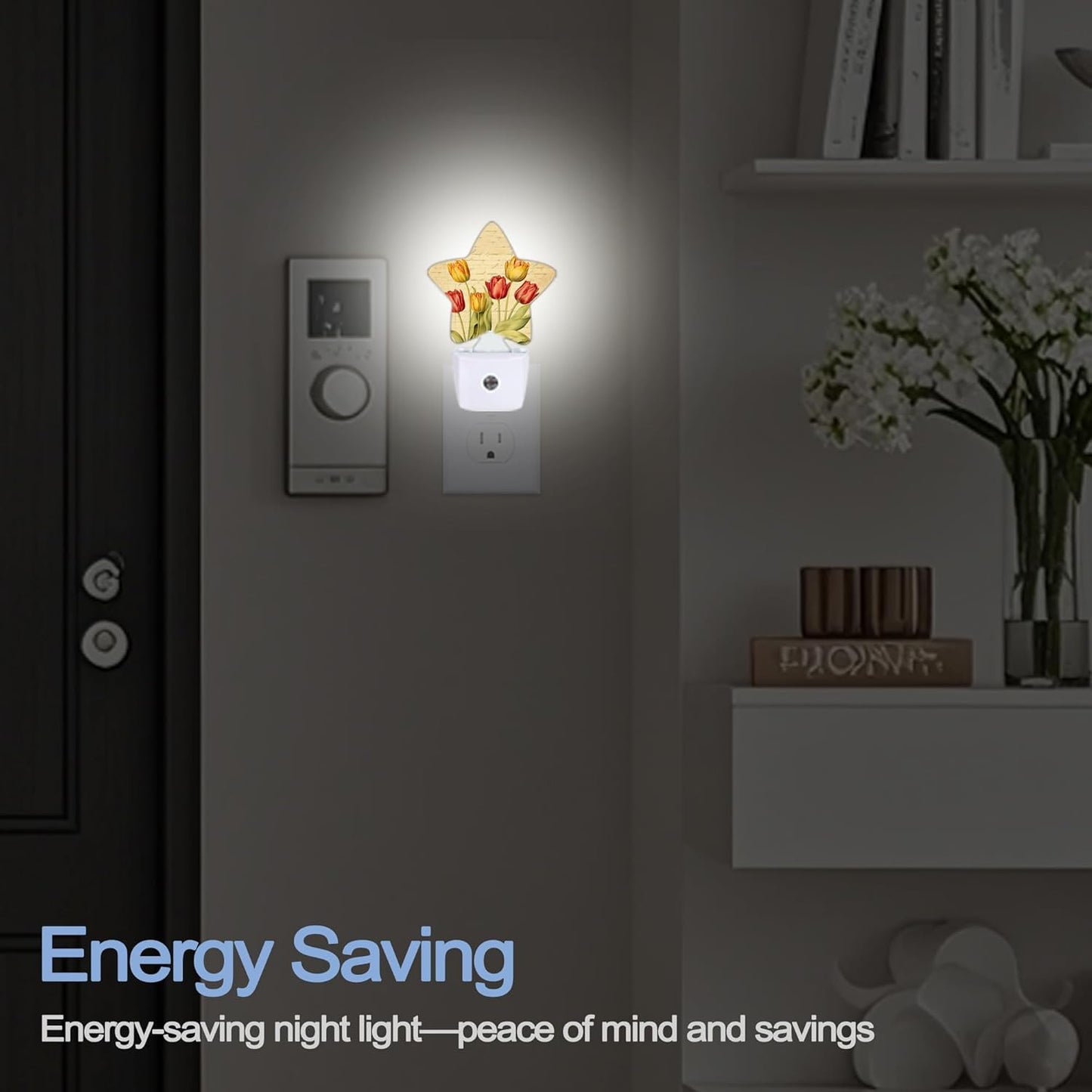 Vintage Tulips Nightlight,Spring Flowers Star Night Lights Plug into Wall Decorations for Bedroom Bathroom,Dusk to Dawn Sensor Kitchen Hallway Stairs Energy Efficient Desk Lamp