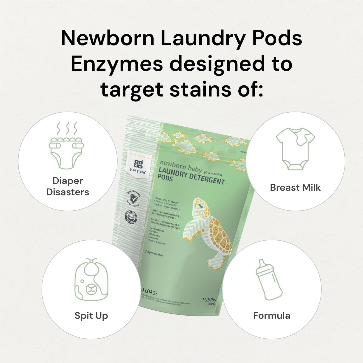 Grab Green Newborn Baby Laundry Detergent Pods, 30 Loads, Fragrance Free, Mineral Based, Non-Toxic, Stain Remover