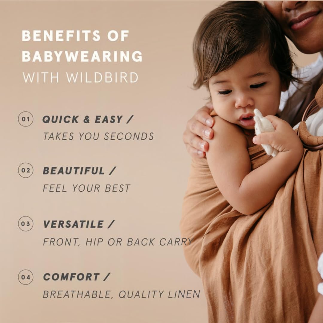 WildBird - Ring Sling Baby Carrier - Newborn to Up to 35 lbs - for Moms, Dads & Caregivers - 100% Natural European Linen Fibers - Versatile & Adjustable - 74” Size - Willow Fabric & Gold Ring