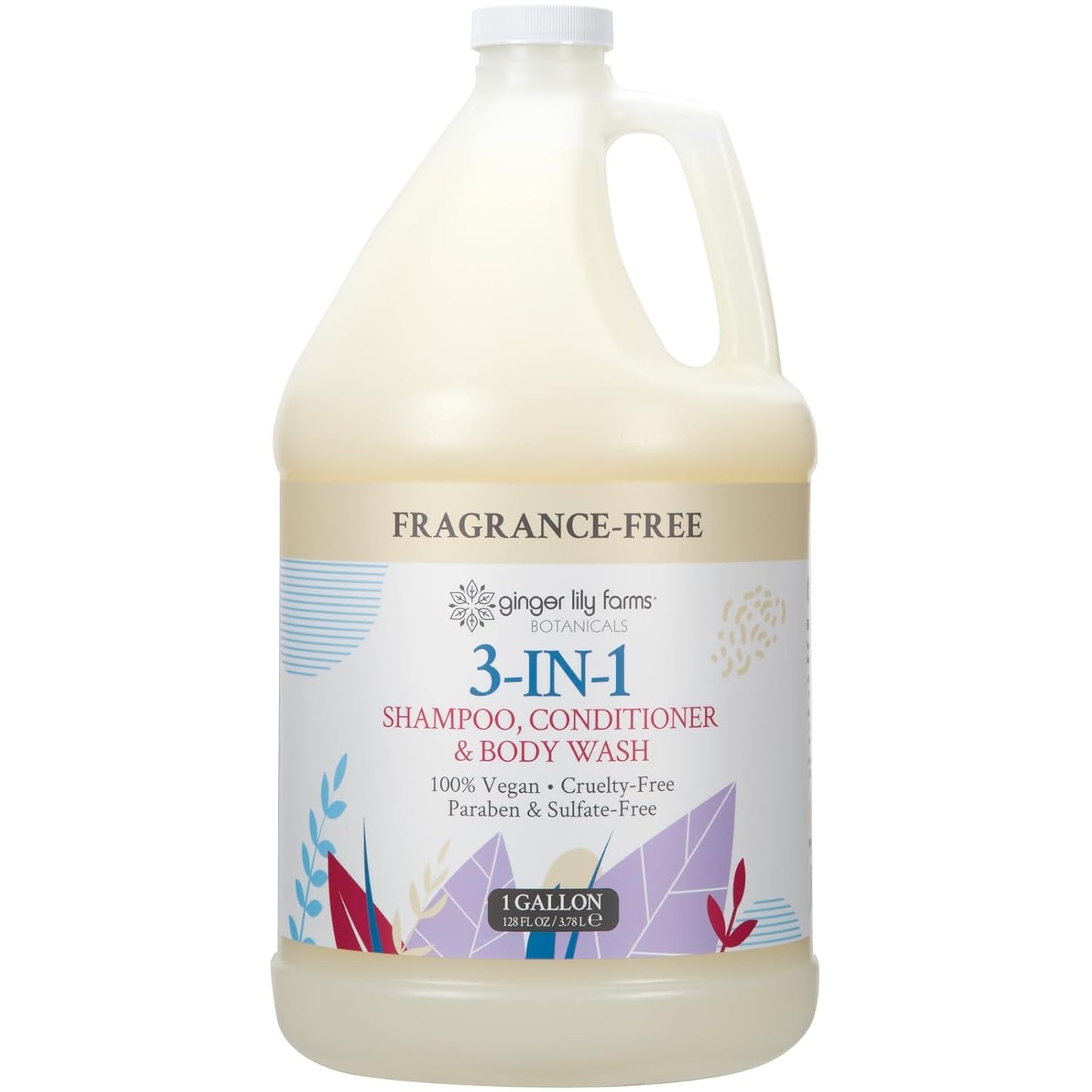Ginger Lily Farms Botanicals 3-in-1 Shampoo, Conditioner & Body Wash, 100% Vegan & Cruelty-Free, Fragrance Free, 1 Gallon (128 fl oz) Refill