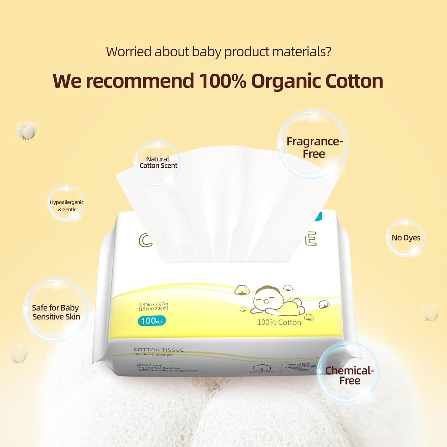 Winner 100% Cotton Dry Wipes, USDA Certified Baby Wipes, Soft & Gentle, Hypoallergenic & Unscented for Baby Sensitive Skin, Use Wet/Dry for Diaper Changes, Meals & Cleanup, 100ct, Pack of 1