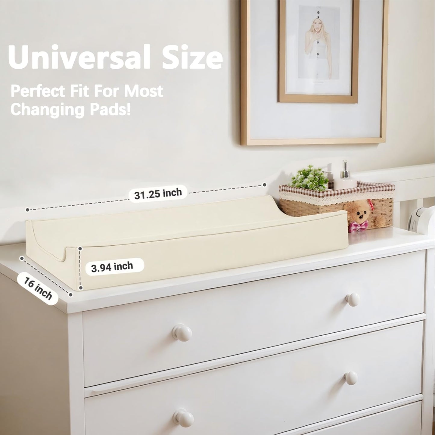 Vegan Leather Changing Pad Cover - 31"X 16" - Waterproof Wipeable, Extra Thick & Portable & Non-Slip Diaper Mat - Fits Standard Changing Tables for Baby Boy Girl (White)