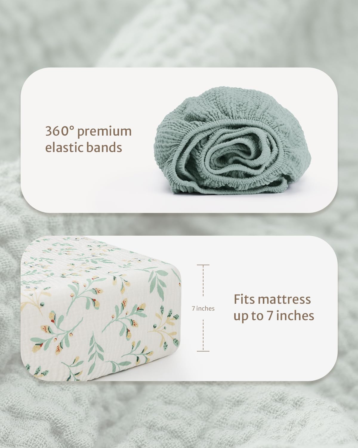 Blissful Diary Muslin Crib Sheets for Girl Boy, Boho Neutral Soft Cotton Baby Sheet for 52''x28'' Standard Crib Mattress, 2 Pack(Roman Green&Leaf)