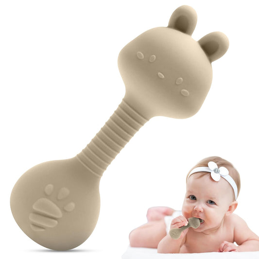 Silicone Rattle Teether for Babies – Soft BPA-Free Teething Toy & Sensory Rattle – 100% Food Grade Silicone, CPC Certified – Soothing Relief for Infants & Toddlers (Rabbit - Beige)