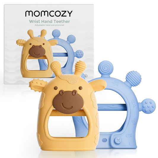 Momcozy Baby Teether Toys | Food Grade Silicone Teething Relief 0-6 Months | Toy 6-12 Months | Baby Essential | Yellow and Blue