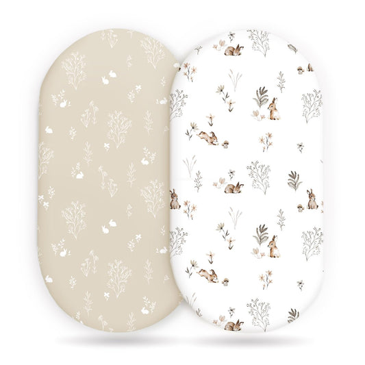 GRSSDER Stretch Ultra Soft Fitted Bassinet Sheet Set 2 Pack, Universal Fit for Bassinets Baby Cradle Moses Basket Oval Rectangle Mattress Safe and Snug, Stylish Watercolor Rabbit Pattern