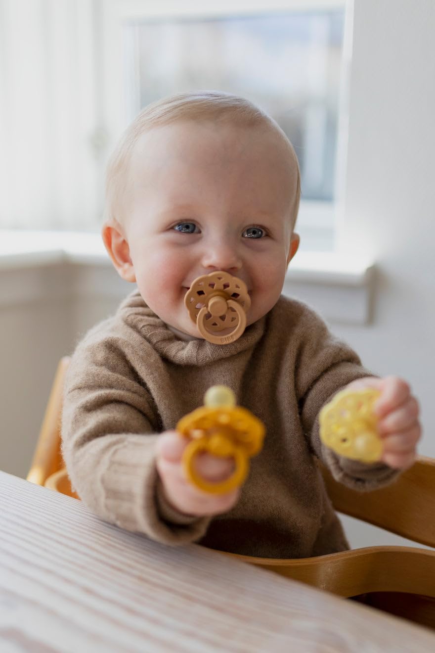 BIBS Boheme Pacifiers 2 Pack BPA Free Cherry Shape Nipple Natural Rubber Latex Made in Denmark | Sand/Honey Bee