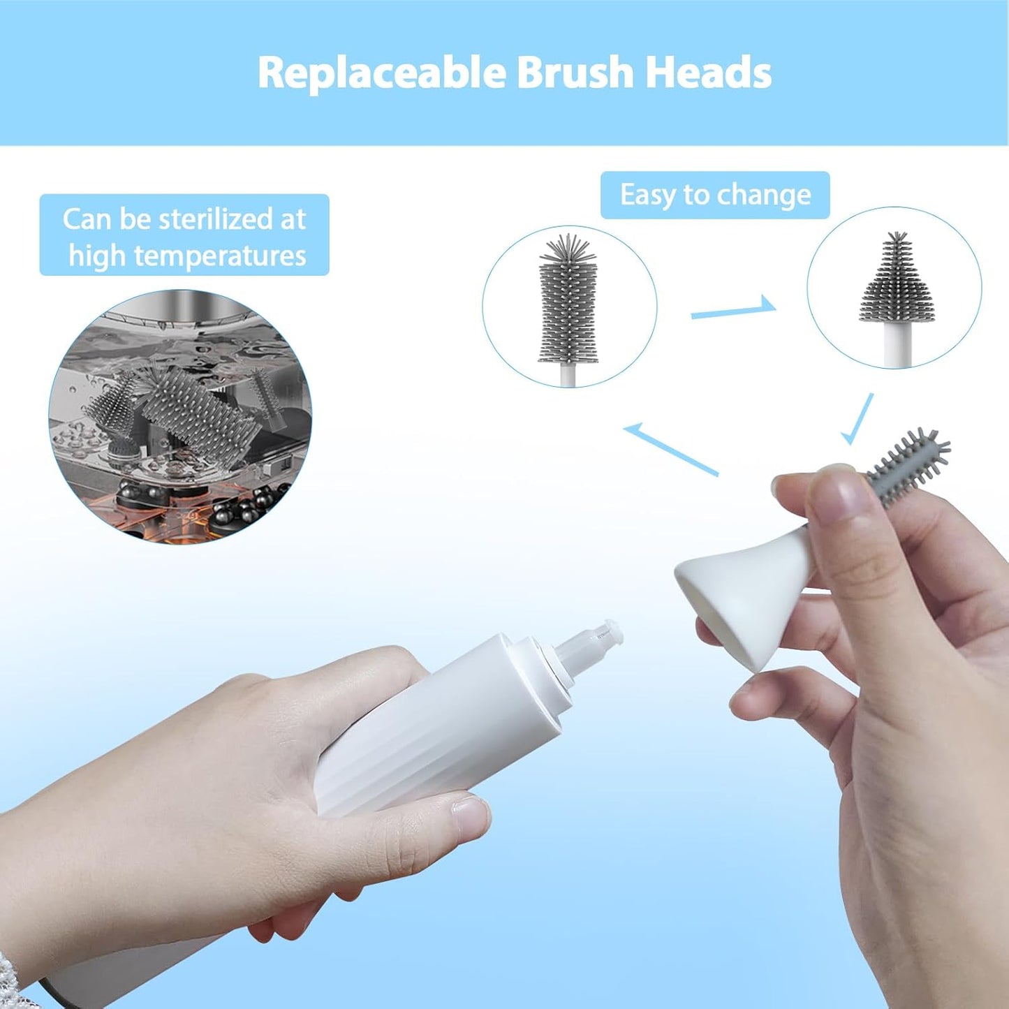 Electric Baby Bottle Brush Set with Rechargeable Electric Bottle Brush Cleaner and Replaceable Silicone Bottle Brushes and Straw Brush Cleaner, Waterproof Multi-Purpose Cleaning Brush (White)