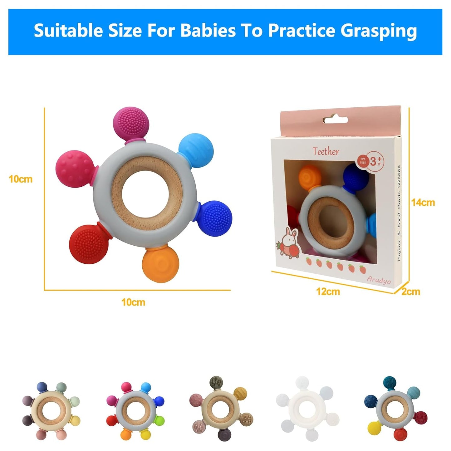 Baby Teething Toys Silicone Teethers BPA Free Silicone Rudder with Wooden Ring Soothe Babies Gums (Ocean)