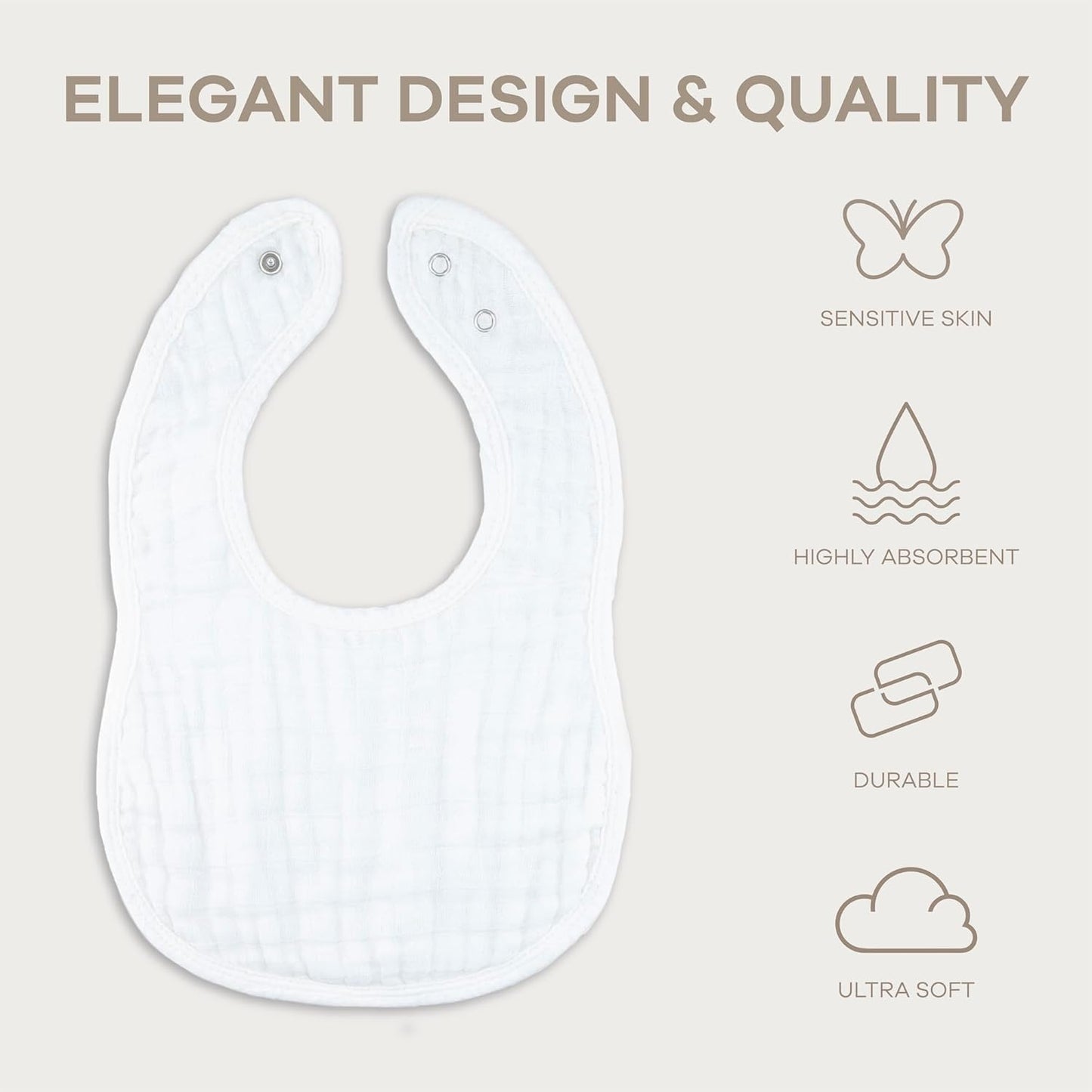 Comfy Cubs Muslin Bibs for Babies, Pack of 8 - Soft and Highly Absorbent, Feeding, Drool and Teething Bib, Adjustable Snaps - Stylish & Colorful Unisex Designs, Giftable Set - White