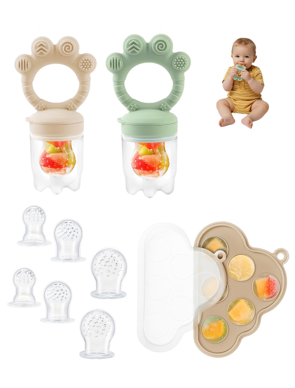 Baby Popsicle Molds & Food Feeder Set, Baby Fruit Feeder for Infant Teething Relief & Safe Infant Self Feeding 4 Months+ Starting Solids for Essentials (Green+Beige)