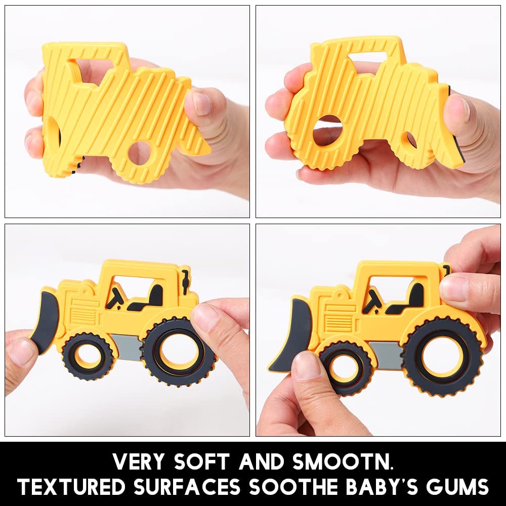 Baby Food Grade Silicone Carrier Vehicle Teether Toy with Pacifier Clip Holder,Teething Toys Gift Set for 3 Months+ Boys and Girls,Freezer Safe,BPA Free. (Bulldozer)