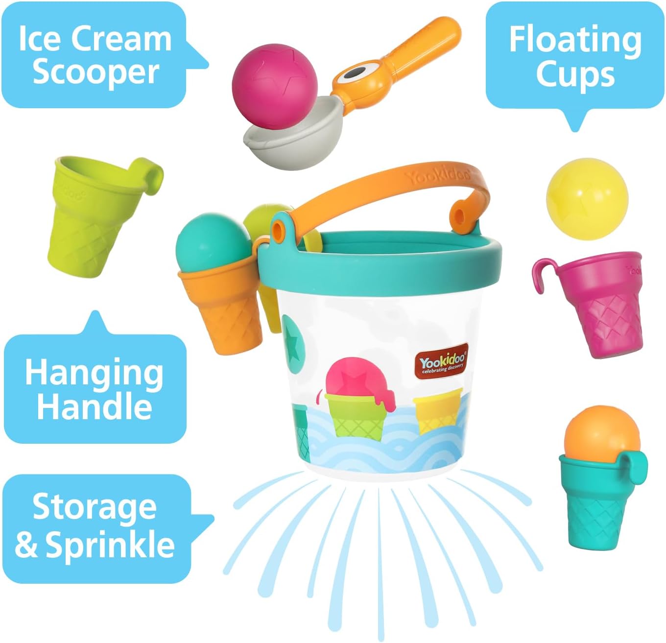 Yookidoo Ice Cream Bucket - Baby Bath Toys Scoop 'N' Splash Set with Floating Cups and Ice Cream Scooper - Water Toys for Toddlers Bathtime Fun