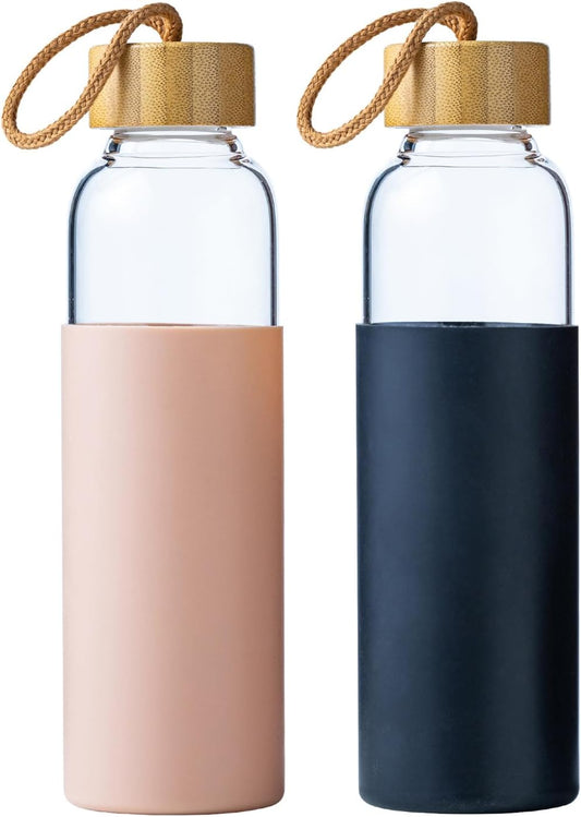 21oz Glass Water Bottle with Silicone Sleeve & Bamboo Lid, BPA Free Reusable Water Bottle Glass for Gym Office Travel, Gift for Fitness Enthusiasts (Pink+Black)