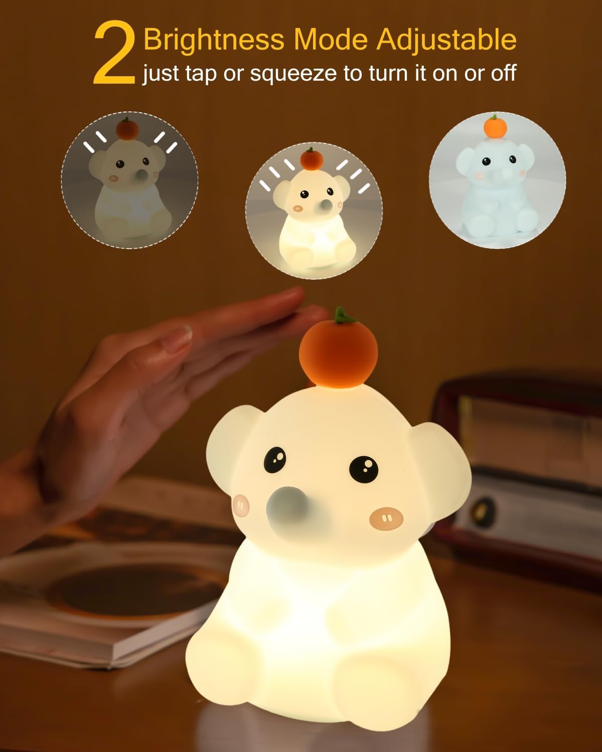 LED Night Light, Cute Squishy Elephant Lamp, Silicone Rechargeable Dimmable Nightlight for Nursery and Bedrooms, Elephant Gift for Women (White-Blue)