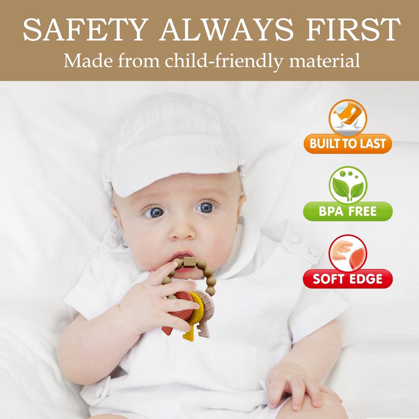 Baby Keys Teether Toys,Silicone Teething Toys for 3+ Months,Teething Keys Toy for Infants-Soft & Raised Texture to Soothe Gums,BPA Free(Brown)