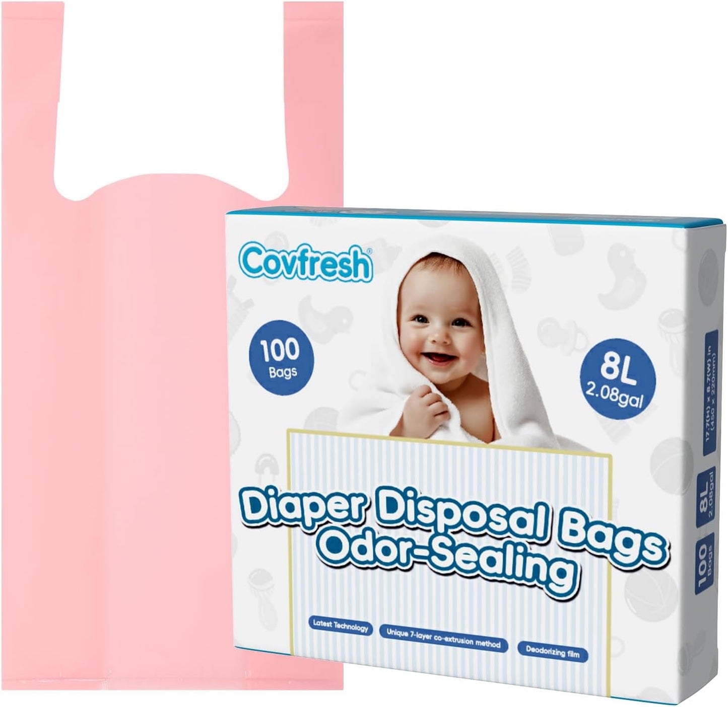 Odor Sealing Disposable Diaper Bags with Tie Handle, 100 count, Large Capacity, Unscented & Durable Diaper Trash Bags for Home & Baby Travel Use (Color:Pink)