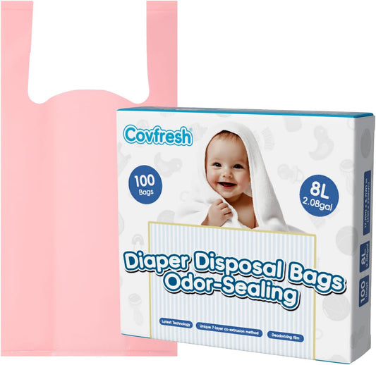 Odor Sealing Disposable Diaper Bags with Tie Handle, 100 count, Large Capacity, Unscented & Durable Diaper Trash Bags for Home & Baby Travel Use (Color:Pink)