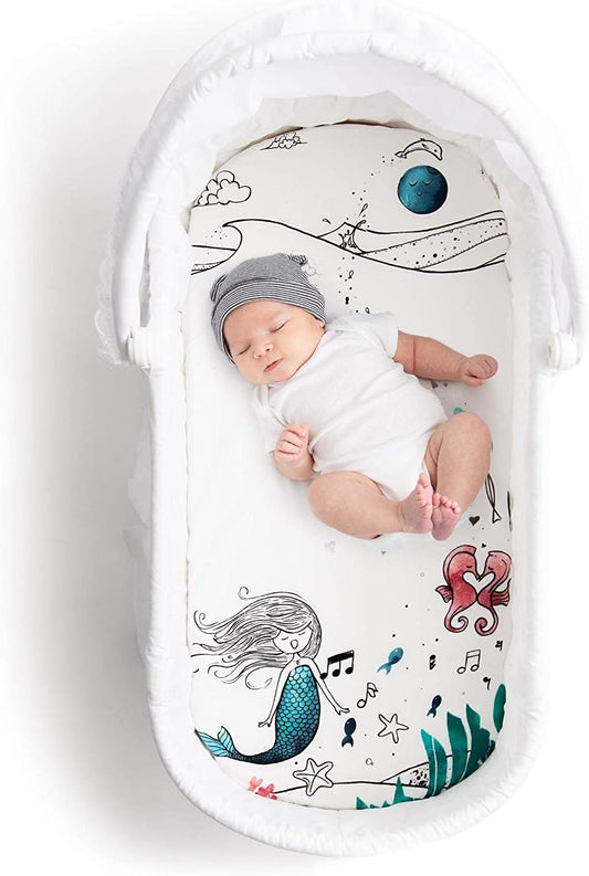 JumpOff Jo - Fitted Bassinet Sheet, Soft Cotton Flexible Fit Sheet for Oval, Rectangle, and Hourglass Standard Sized Mattresses, 16 in. x 32 in. - Moonlight Mermaid