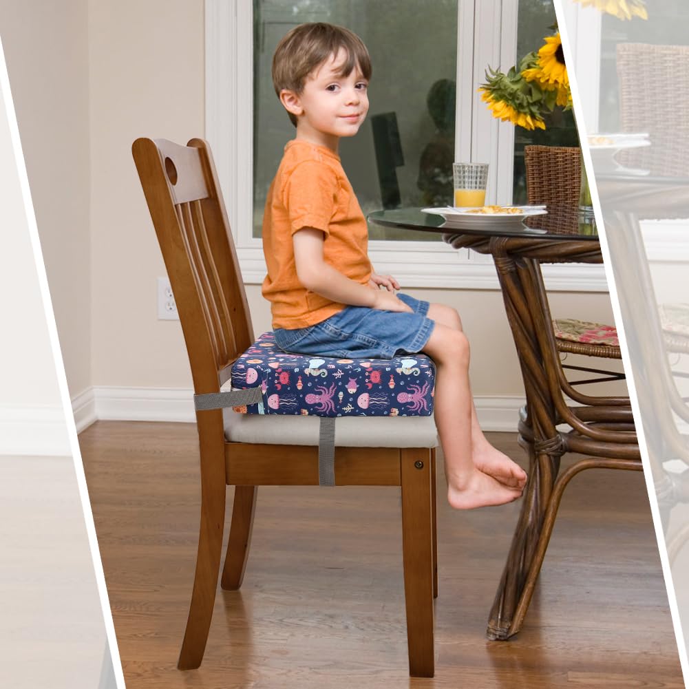 Zicac Portable Toddler Booster Seat for Dining Table, Safer Non-Slip Kids Booster Seat with Double Adjustable Straps, Washable Detachable Strong Support Increasing Cushion for Child (Purple Octopus)