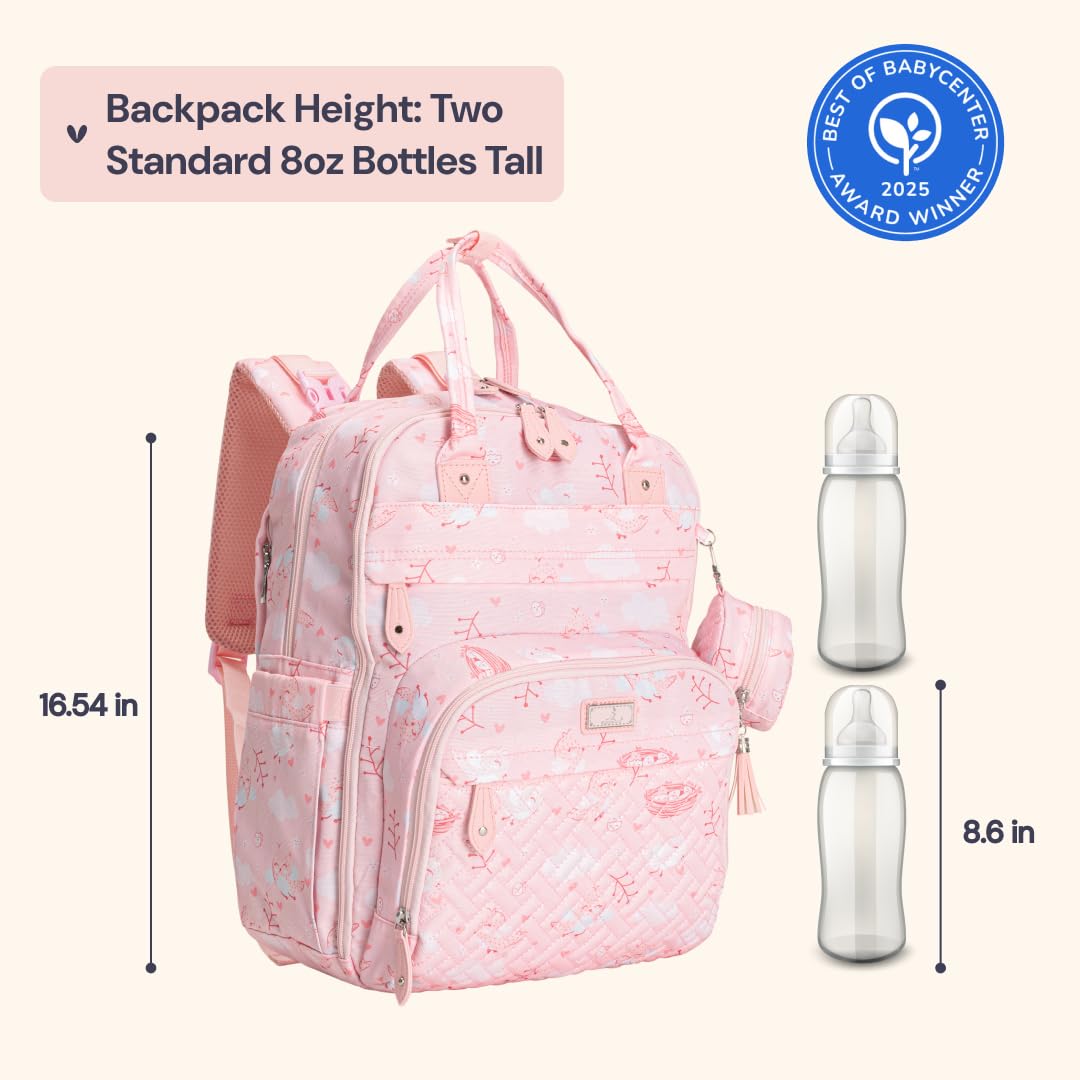 BabbleRoo Diaper Bag Backpack - Baby Essentials Travel Tote - Multi Function Water Resistant Diaper Bag, Travel Essentials Baby Bag with Changing Pad, Stroller Straps & Pacifier Case - Pink Birdy