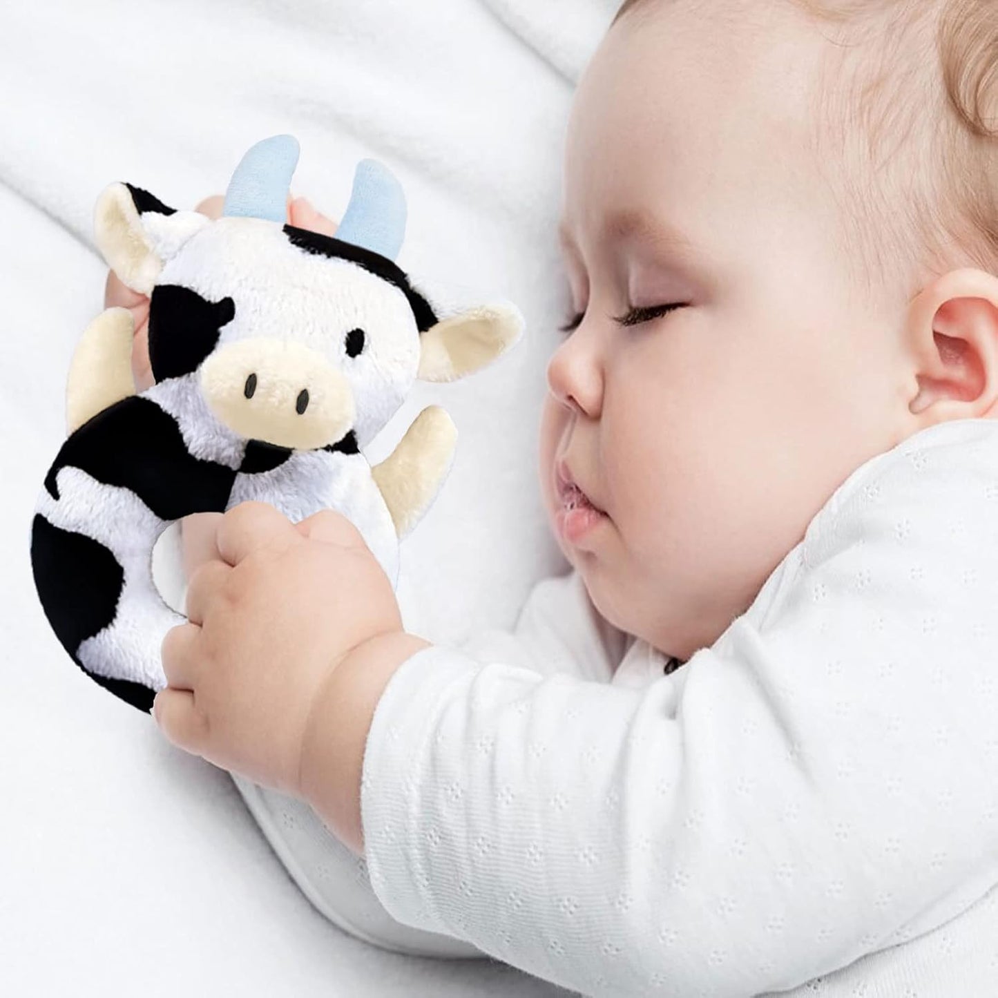 Baby Cow Soft Rattle Toy, Dairy Cattle Plush Infant Shaker Rattle Easy-Grasp Stuffed Animal Toy, Gifts for Newborns Babies Toddlers Boys Girls, Blue Horns, 6 Inches