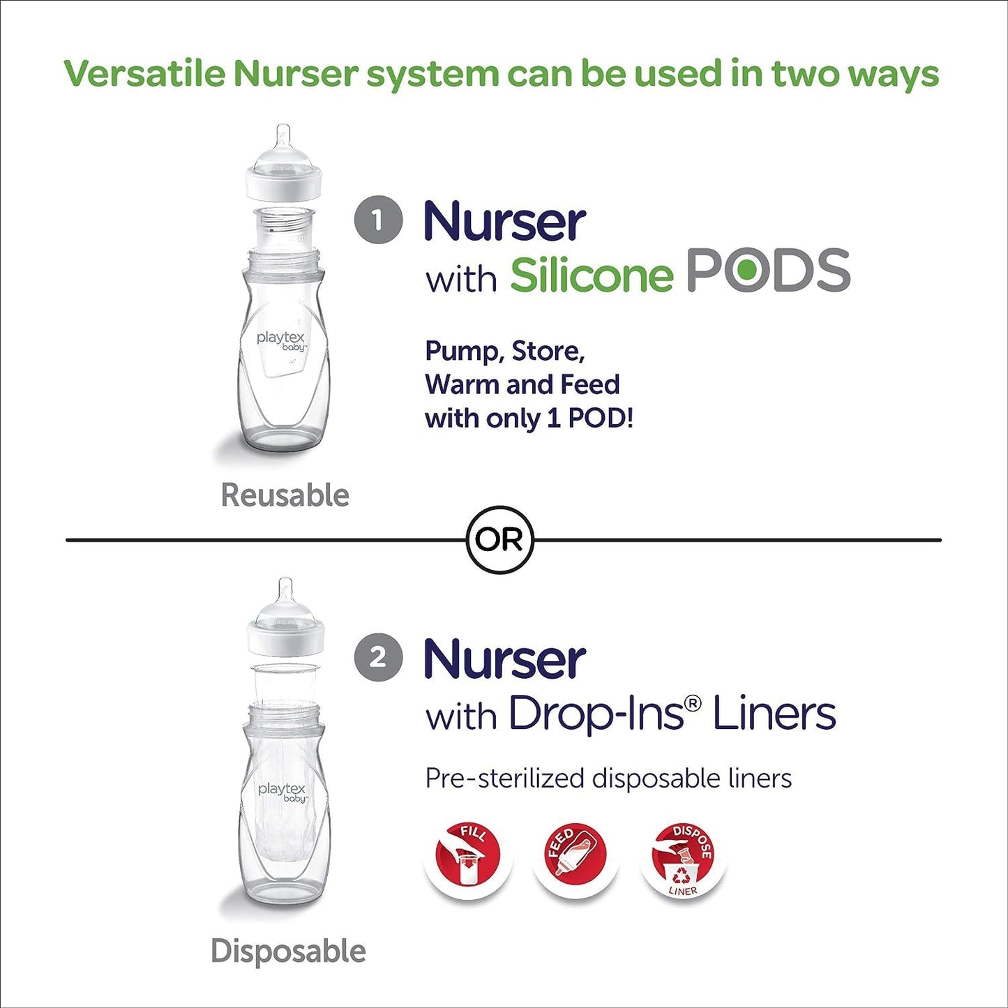 Playtex Baby Nurser Newborn Gift Set with Drop-Ins Bottle Liners, Closer to Breastfeeding, 4 Bottles (2x4 Oz, 2x8 Oz), Liners and PODS, 2 Binky Pacifiers, Bottles for Newborn and Breastfeeding Babies