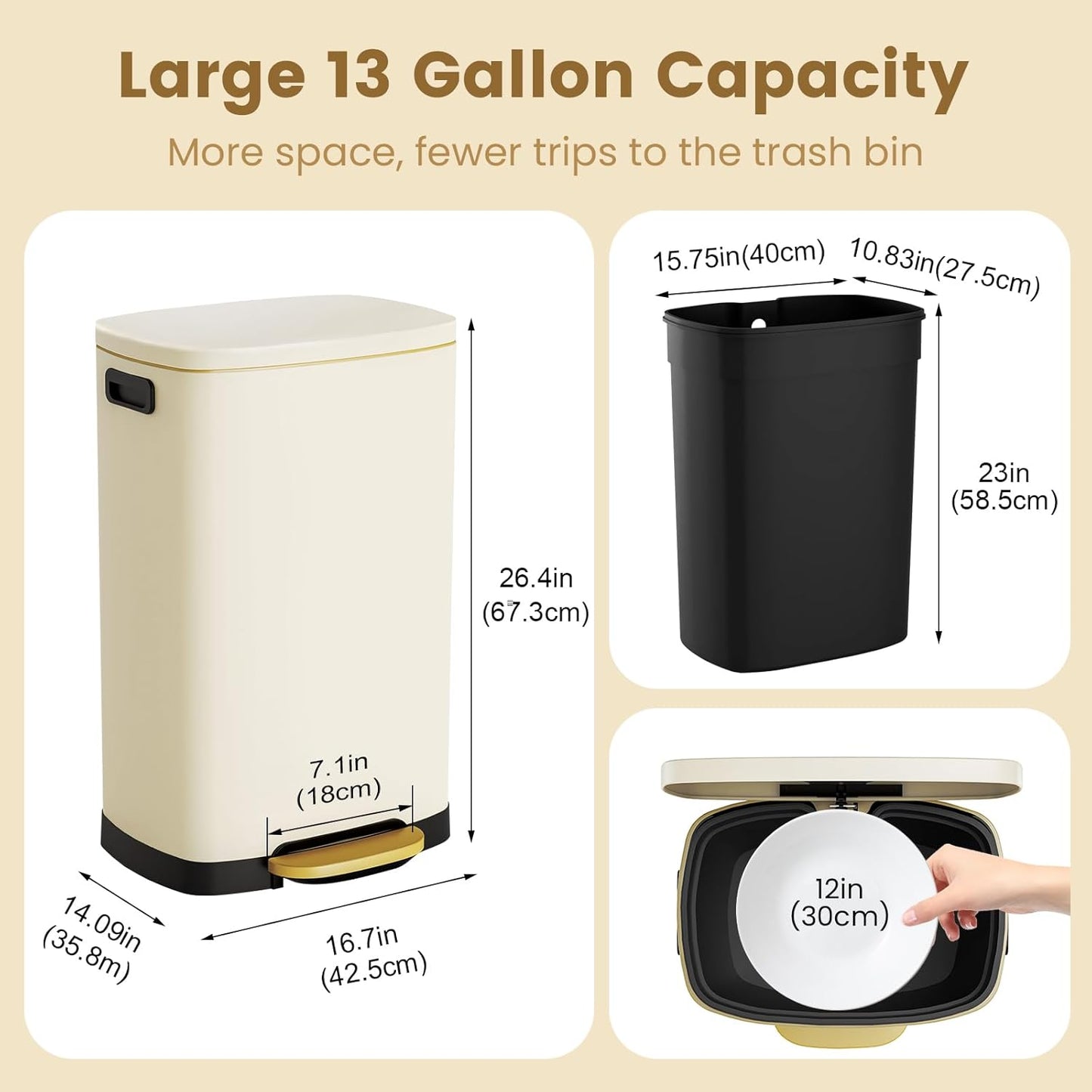ELPHECO Kitchen Trash Can with Lid Soft Close, 13 Gallon / 50L Stainless Steel Pedal Garbage Can, Heavy-Duty Fingerprint Proof Step Wastebasket with 20 Bags, Removable Bucket, Home Office, Cream Beige