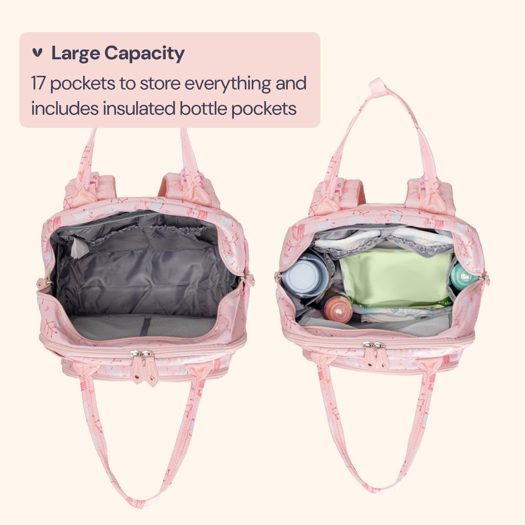 BabbleRoo Diaper Bag Backpack - Baby Essentials Travel Tote - Multi Function Water Resistant Diaper Bag, Travel Essentials Baby Bag with Changing Pad, Stroller Straps & Pacifier Case - Pink Birdy