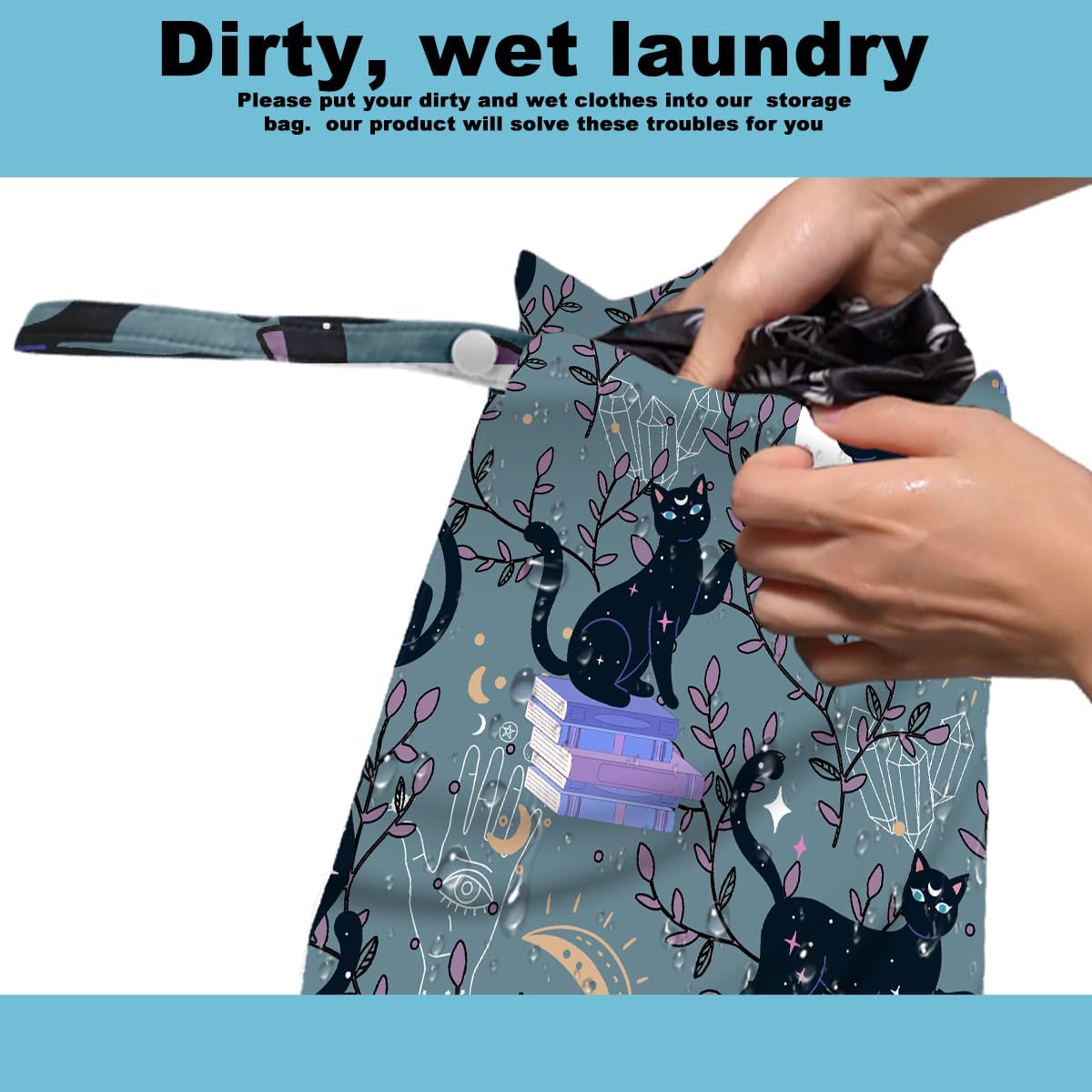 2Pcs Cat Wet Bag 12x10 Inch, Plants Waterproof Reusable Wet Dry Bag, Book Moon Washable Travel Laundry Bags for Swimsuit Pool Beach Diapers Dirty Yoga Gym Clothes, Cute Cat Gifts for Women Friend