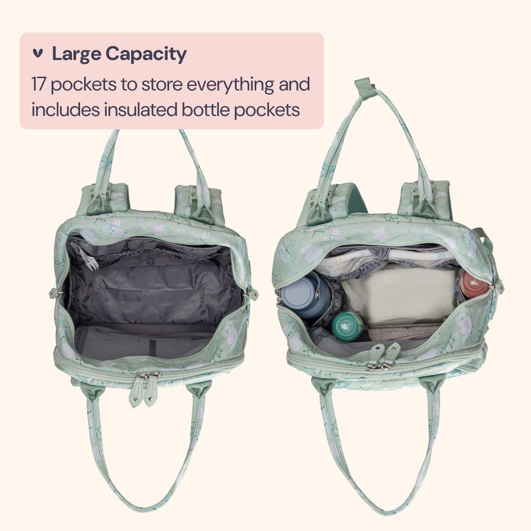 BabbleRoo Diaper Bag Backpack - Baby Essentials Travel Tote - Multi Function Water Resistant Diaper Bag, Travel Essentials Baby Bag with Changing Pad, Stroller Straps & Pacifier Case - Green Birdy