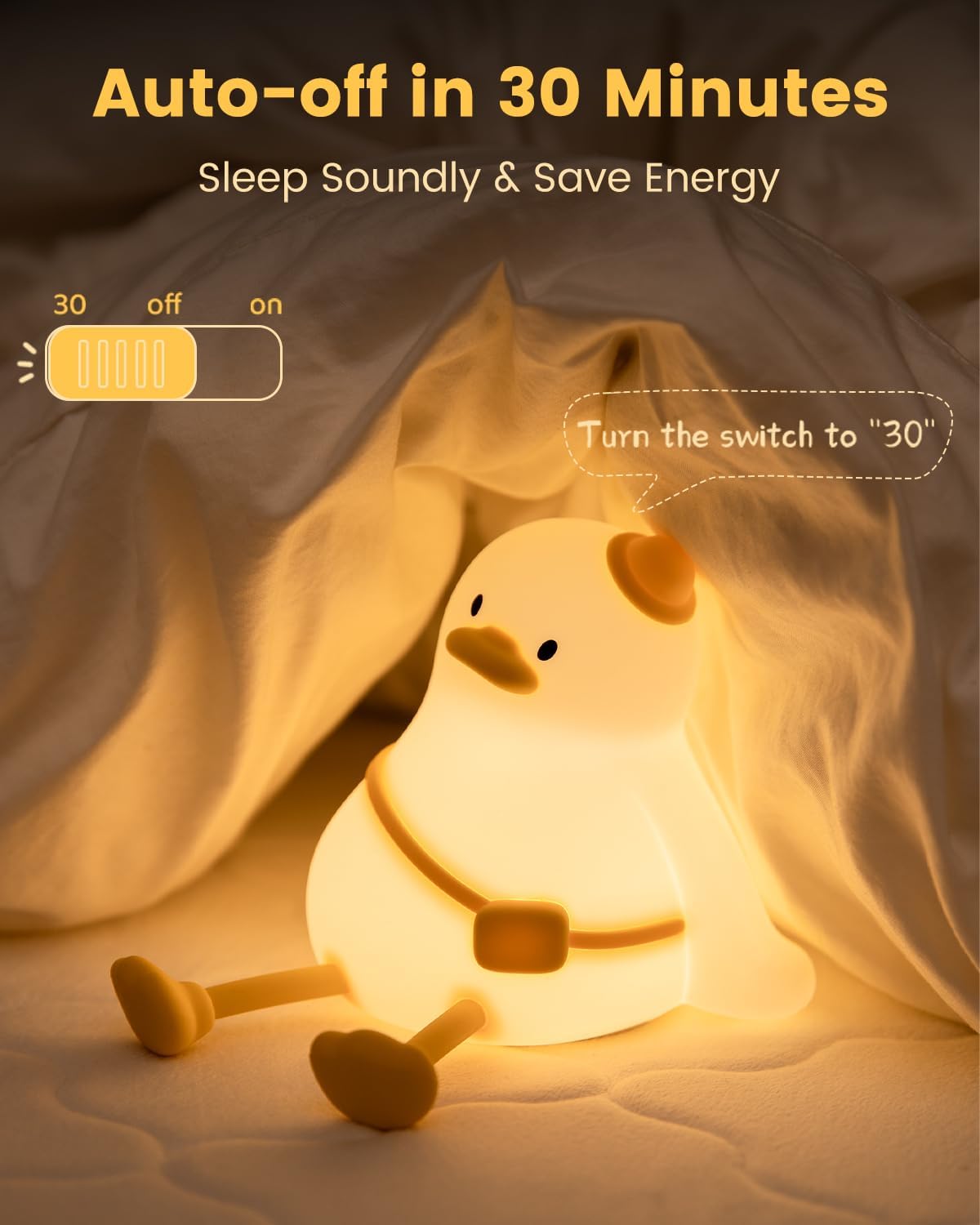 Kids Night Light Duck Design, Silicone Tap Control Bedside Lamp with Time Auto-Off, Cute Portable LED Nursery Light for Baby, Toddler, Bedroom