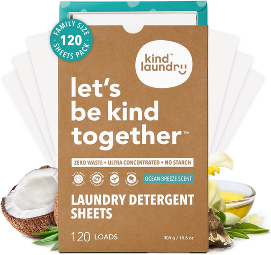 Kind Laundry Detergent Sheets with Stain-Fighting Enzymes - Plant Powered Eco-Friendly Laundry Soap Sheets - Home or Travel Laundry Detergent - Ocean Breeze, 120 Loads (Mom's Choice Award Winner)